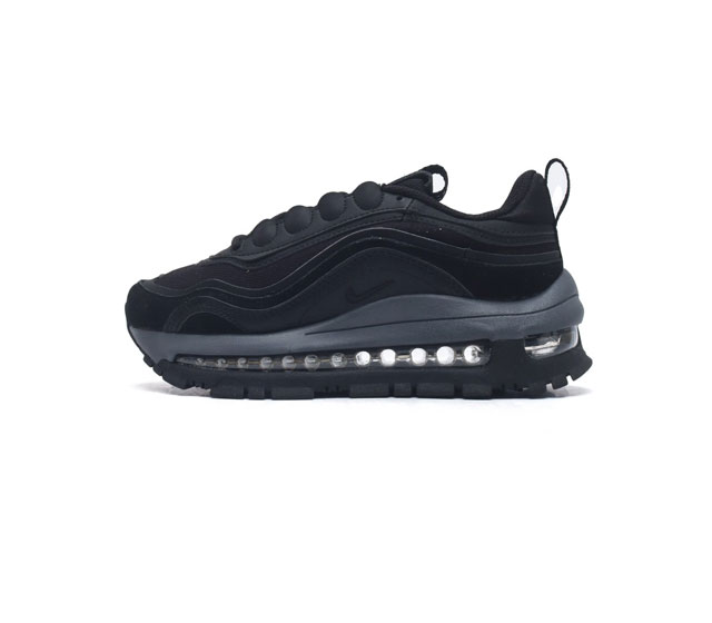 Nike 耐克 Nike Air Max 97 Futura 气垫缓震跑步鞋 厚底增高百搭运动鞋 以织物材料以及麂皮材质搭配而成 鞋侧的走线部分做了一个解构的处