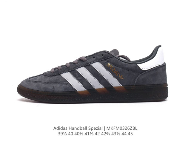 阿迪达斯 Adidas Handball Spezial 三叶草学院风复古休闲板鞋 德训鞋 橡胶底柔软皮革经典运动鞋男士鞋 圆头 缝合拼接设计 正面绑带 鞋舌部