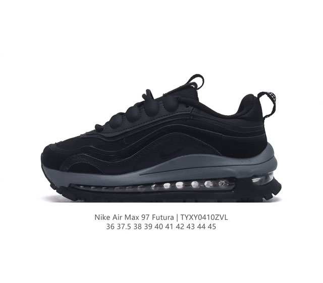 Nike 耐克 Nike Air Max 97 Futura 气垫缓震跑步鞋 厚底增高百搭运动鞋。以织物材料以及麂皮材质搭配而成 鞋侧的走线部分做了一个解构的处