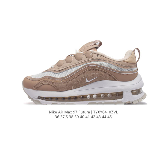 Nike 耐克 Nike Air Max 97 Futura 气垫缓震跑步鞋 厚底增高百搭运动鞋。以织物材料以及麂皮材质搭配而成 鞋侧的走线部分做了一个解构的处