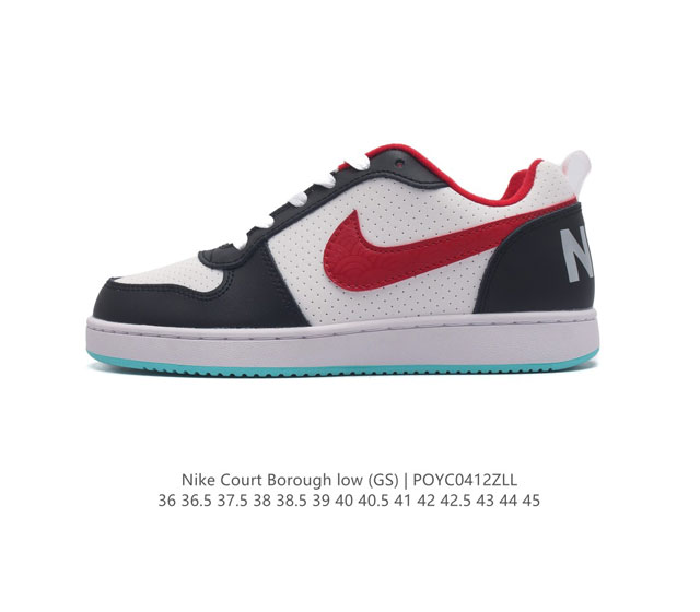 耐克 Nike 男女子运动鞋 Court Borough Low 小空军低帮板鞋。1.其皮革材质的鞋面结合网眼鞋舌，在出众外观与质感的同时提供稳固支撑，并且提升