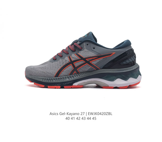 Asics 亚瑟士 Kayano 27代，男士夜跑专业跑鞋gel-Kayano 27 宽楦版，鞋面采用提花网布鞋面，具有良好的伸展性、支撑性和透气性；后跟稳定片