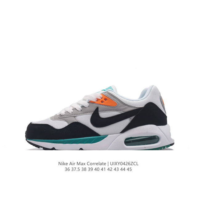 耐克 Nike Air Max Correlate 气垫缓震耐磨运动鞋时尚潮流休闲透气跑步鞋，选用网眼鞋面，脚感舒适透气。鞋舌、鞋侧及后跟处饰有品牌标识，简约大