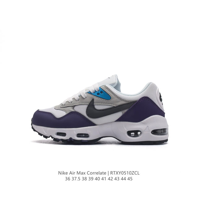 耐克 Nike Air Max Correlate 男女子气垫缓震耐磨运动鞋时尚潮流休闲透气跑步鞋 选用网眼鞋面，脚感舒适透气。鞋舌、鞋侧及后跟处饰有品牌标识，