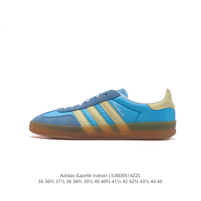 阿迪达斯 Adidas Originals Gazelle Indoor 复古三叶草防滑透明橡胶板鞋经典运动鞋。这款经典鞋,忠于原版设计,缀撞色三条纹和鞋跟饰片