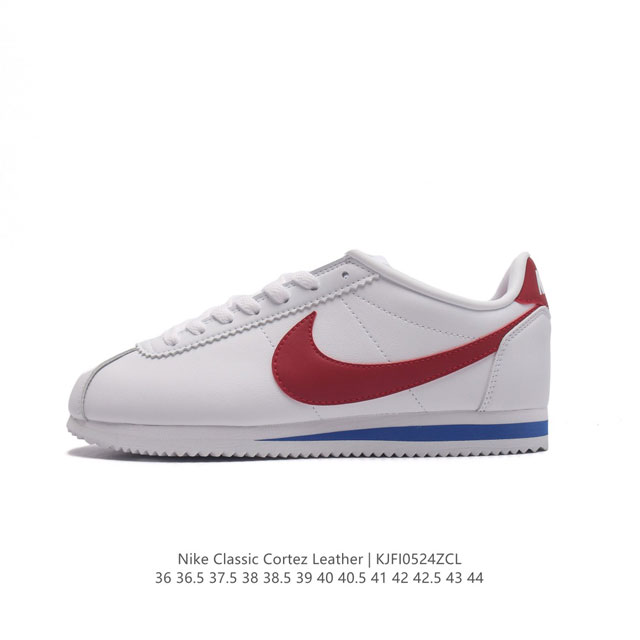 耐克 Nk Classic Cortez Leather 阿甘复古初代皮革运动慢跑鞋。Nike Classic Cortez 鞋款是 Nike 元年款跑步鞋，由