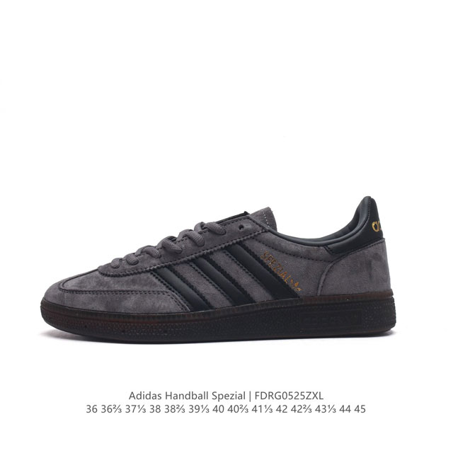 阿迪达斯 Adidas Handball Spezial 三叶草学院风复古休闲板鞋 德训鞋 橡胶底柔软皮革经典运动鞋板鞋。圆头、缝合拼接设计、正面绑带、鞋舌部位