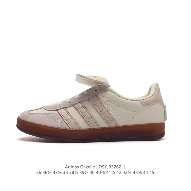 阿迪达斯 Adidas 中性三叶草gazelle系列休闲鞋男女经典运动鞋 德训鞋。鞋身柔软皮革材质和简单百搭的特点，让 Gazelle 一直活跃在街头。T字鞋头