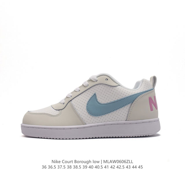 耐克 Nike 男女子运动鞋 Court Borough Low 小空军低帮板鞋。1.其皮革材质的鞋面结合网眼鞋舌，在出众外观与质感的同时提供稳固支撑，并且提升