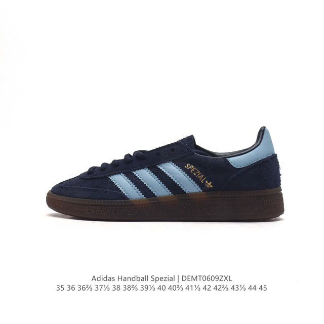 阿迪达斯 Adidas Handball Spezial 三叶草学院风复古休闲板鞋 德训鞋 橡胶底柔软皮革经典运动鞋板鞋。圆头、缝合拼接设计、正面绑带、鞋舌部位