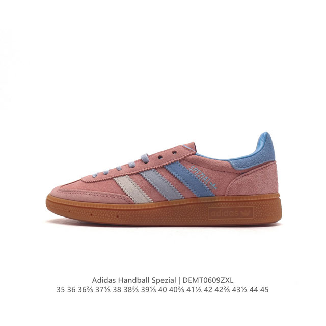 阿迪达斯 Adidas Handball Spezial 三叶草学院风复古休闲板鞋 德训鞋 橡胶底柔软皮革经典运动鞋板鞋。圆头、缝合拼接设计、正面绑带、鞋舌部位