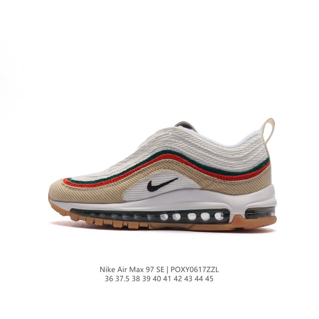 耐克 Nike Air Max 97 Se 耐克97子弹头气垫跑鞋 巧妙的运用了 Air Max 97 的鞋面条纹设计。全掌大容量 Nike Air 的先河，创