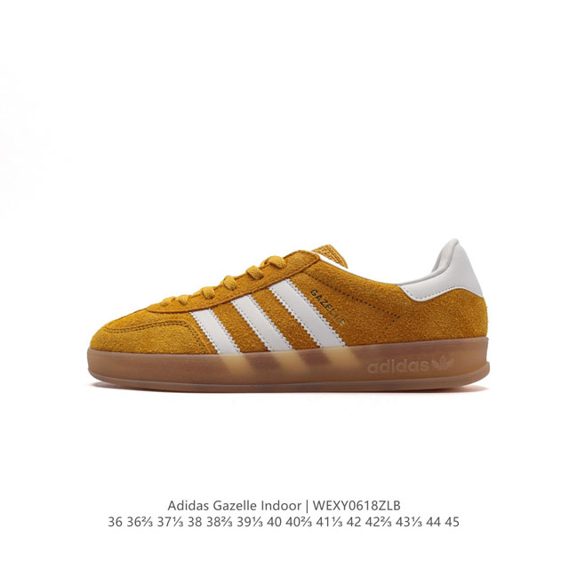 阿迪达斯 Adidas Originals Gazelle Indoor 复古三叶草防滑透明橡胶板鞋经典运动鞋。这款经典鞋,忠于原版设计,缀撞色三条纹和鞋跟饰片