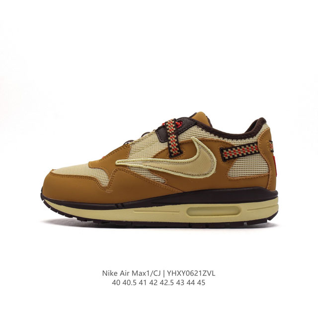 耐克 Travis Scott x Nike Air Max 1 “Cactus Jack” TS联名款运动鞋 厚底增高板鞋，鞋款采用浅黄色打造鞋面，在鞋款前后