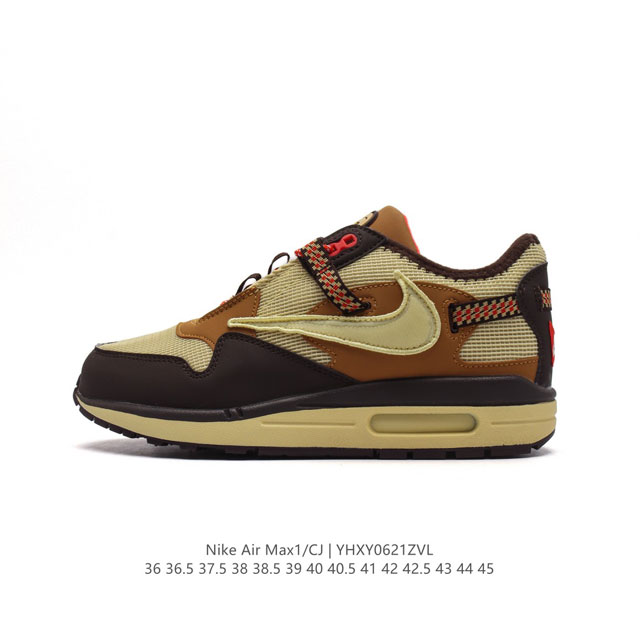 耐克 Travis Scott x Nike Air Max 1 “Cactus Jack” TS联名款运动鞋 厚底增高板鞋，鞋款采用浅黄色打造鞋面，在鞋款前后