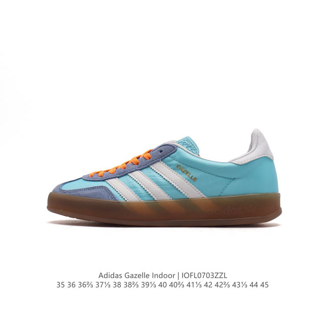 阿迪达斯 Adidas Originals Gazelle Indoor 复古三叶草防滑透明橡胶板鞋经典运动鞋。这款经典鞋,忠于原版设计,缀撞色三条纹和鞋跟饰片