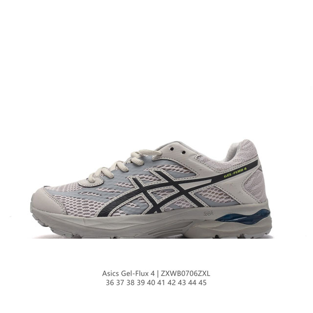 ASICS 亚瑟士 Gel-Flux 4 男女子运动鞋舒适跑鞋缓震透气跑步鞋 。GEL-FLUX4采用的是新一代轻质网布面，大孔洞设计极具透气性，柔软包覆双脚，