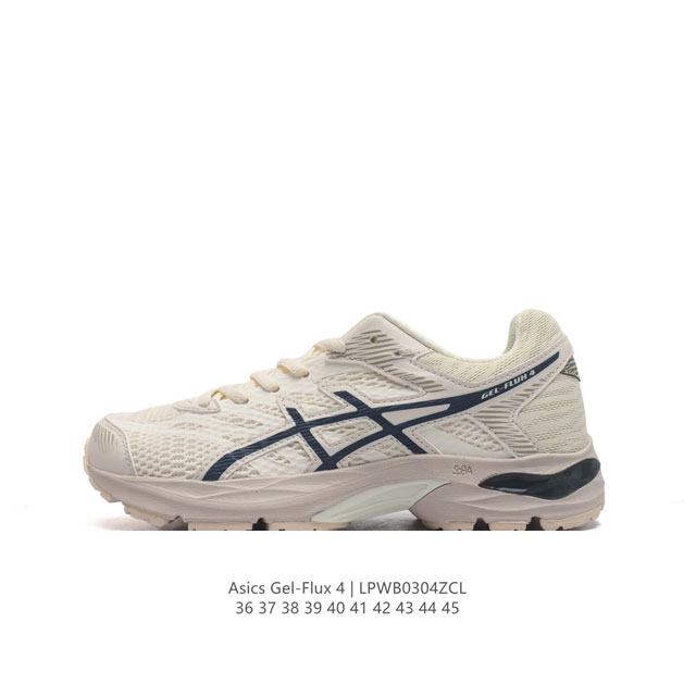 Asics 亚瑟士 Gel-Flux 4 男女子运动鞋舒适跑鞋缓震透气跑步鞋 。Gel-Flux4采用的是新一代轻质网布面，大孔洞设计极具透气性，柔软包覆双脚，