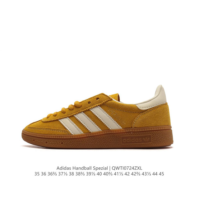 真标 阿迪达斯 Adidas Handball Spezial 低帮三叶草学院风复古休闲板鞋 德训鞋 橡胶底柔软皮革鞋面 经典运动鞋板鞋。圆头、缝合拼接设计、正