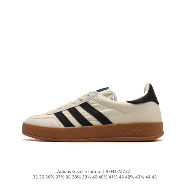 阿迪达斯 Adidas Originals Gazelle Indoor 复古三叶草防滑透明橡胶板鞋经典运动鞋。这款经典鞋,忠于原版设计,缀撞色三条纹和鞋跟饰片