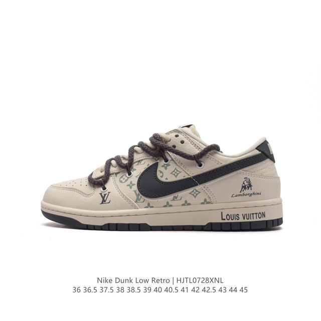 耐克 Nike Dunk Low Retro 运动鞋经典复古板鞋 路易威登联名 解构绑带 双鞋带。作为 80 年代经典篮球鞋款，起初专为硬木球场打造，后来成为席