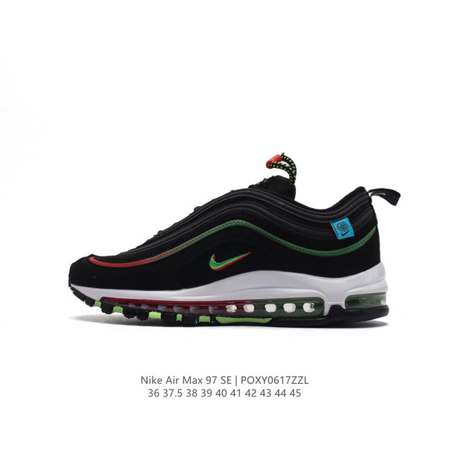 耐克 Nike Air Max 97 Se 耐克97子弹头气垫跑鞋 巧妙的运用了 Air Max 97 的鞋面条纹设计。全掌大容量 Nike Air 的先河，创