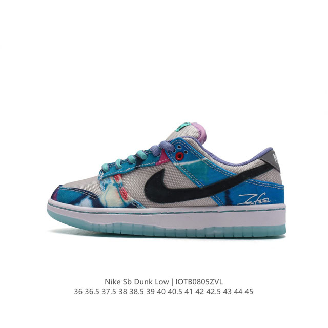 真标耐克 Futura Laboratories X Nike Sb Dunk Low 重磅联名运动滑板鞋。鞋面使用网布以及印有涂鸦效果的帆布材质打造，蓝绿色的