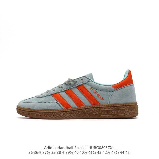 阿迪达斯 Adidas Handball Spezial 低帮三叶草学院风复古休闲板鞋 德训鞋 橡胶底柔软皮革经典运动鞋板鞋。圆头、缝合拼接设计、正面绑带、鞋舌