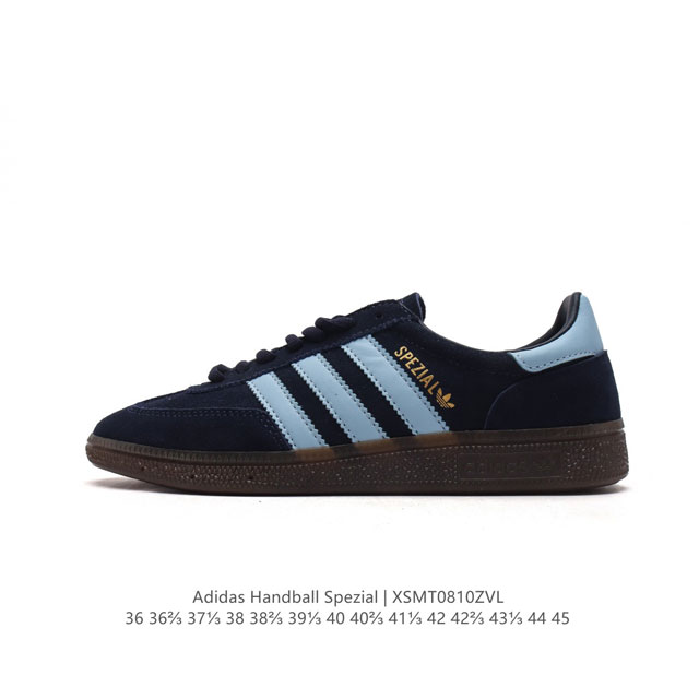 阿迪达斯 Adidas Handball Spezial 低帮三叶草学院风复古休闲板鞋 德训鞋 橡胶底柔软皮革经典运动鞋板鞋。圆头、缝合拼接设计、正面绑带、鞋舌