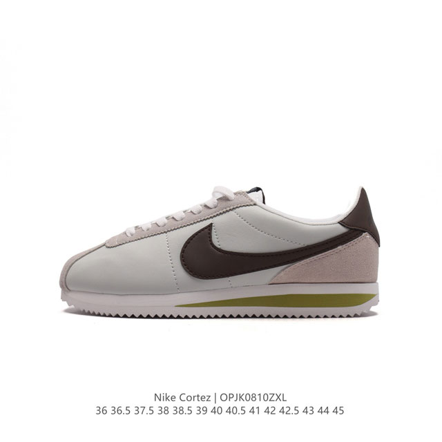 耐克 Nk Classic Cortez Leather 阿甘复古初代皮革运动慢跑鞋。Nike Classic Cortez 鞋款是 Nike 元年款跑步鞋，由