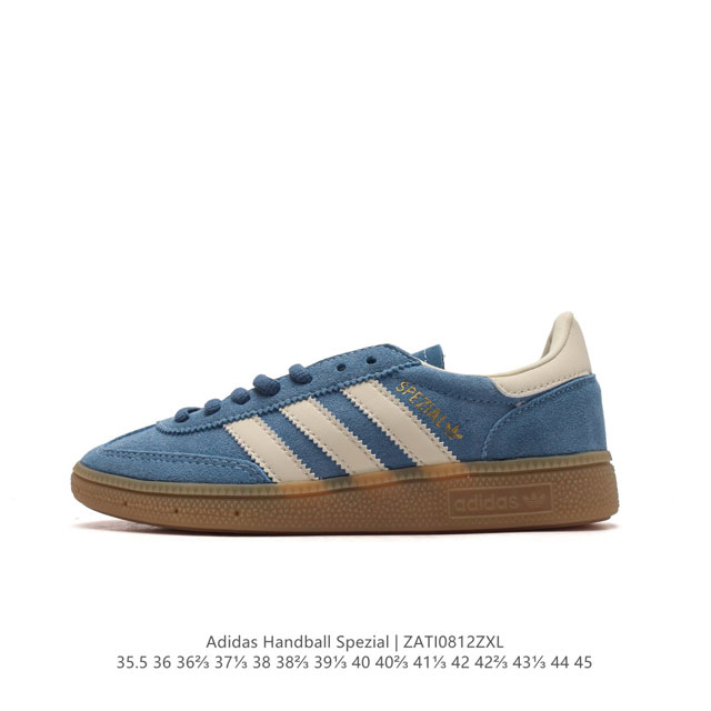 阿迪达斯 Adidas Handball Spezial 低帮三叶草学院风复古休闲板鞋 德训鞋 橡胶底柔软皮革经典运动鞋板鞋。圆头、缝合拼接设计、正面绑带、鞋舌