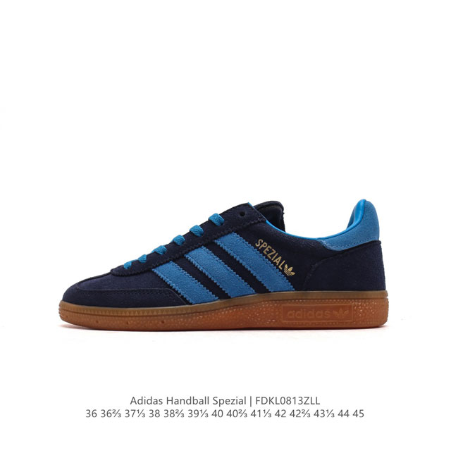 阿迪达斯 Adidas Handball Spezial 低帮三叶草学院风复古休闲板鞋 德训鞋 橡胶底柔软皮革经典运动鞋板鞋。圆头、缝合拼接设计、正面绑带、鞋舌