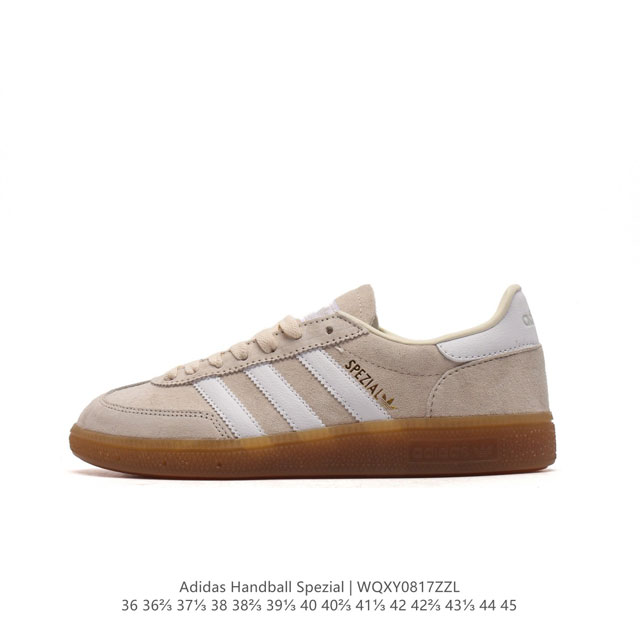 公司级 阿迪达斯 Adidas Handball Spezial 低帮三叶草学院风复古休闲板鞋 德训鞋 橡胶底柔软皮革经典运动鞋板鞋。圆头、缝合拼接设计、正面绑