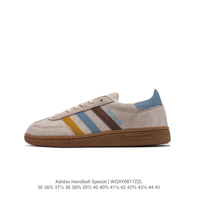 公司级 阿迪达斯 Adidas Handball Spezial 低帮三叶草学院风复古休闲板鞋 德训鞋 橡胶底柔软皮革经典运动鞋板鞋。圆头、缝合拼接设计、正面绑