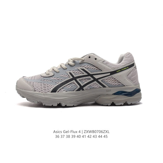 Asics 亚瑟士 Gel-Flux 4 男女子运动鞋舒适跑鞋缓震透气跑步鞋 。Gel-Flux4采用的是新一代轻质网布面，大孔洞设计极具透气性，柔软包覆双脚，