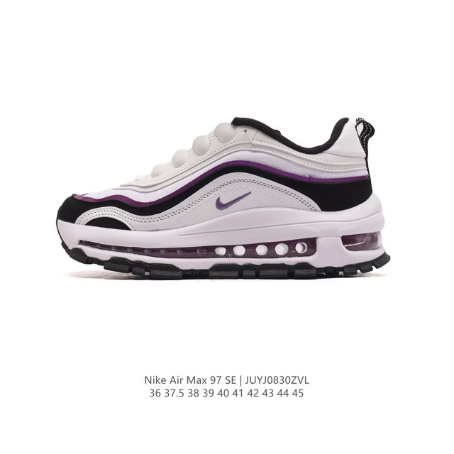 耐克 Nike Air Max 97 Se 耐克97子弹头气垫跑鞋 巧妙的运用了 Air Max 97 的鞋面条纹设计。全掌大容量 Nike Air 的先河，创