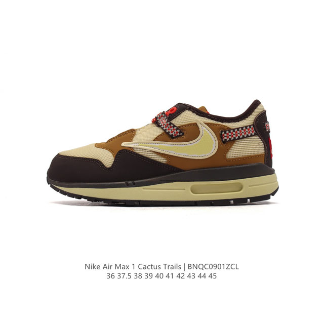 耐克 Travis Scott X Nike Air Max 1 “Cactus Jack” Ts联名款运动鞋 厚底增高板鞋，鞋款采用浅黄色打造鞋面，在鞋款前后