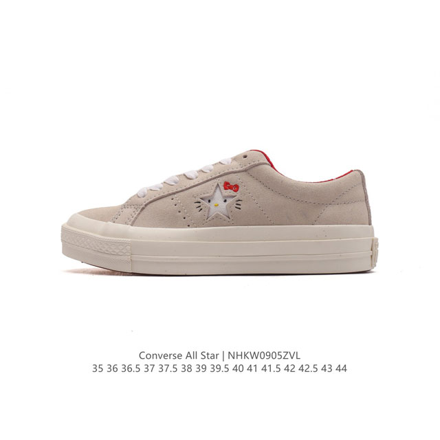 匡威 Converse One Star X Hello Kitty 联名款低帮休闲板鞋 #联名结合经典的鞋款 水晶大底 侧面星星中暗中观察的小猫 呈现风格极为