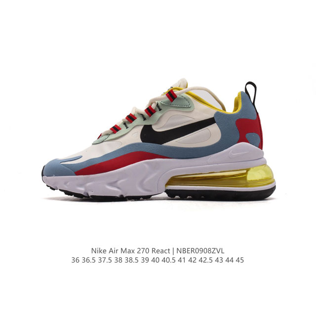 耐克nike Air Max 270 React 缓震气垫休闲运动鞋，具备时尚风格和舒适感受，演绎未来风范。柔软泡棉中底搭载大体积 Max Air 气垫，造就传