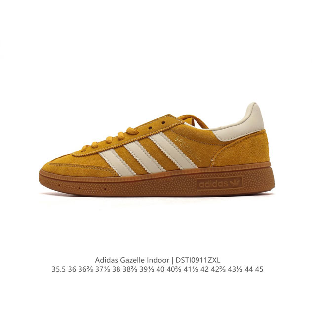 阿迪达斯 Adidas Handball Spezial 低帮三叶草学院风复古休闲板鞋 德训鞋 橡胶底柔软皮革经典运动鞋板鞋。圆头、缝合拼接设计、正面绑带、鞋舌