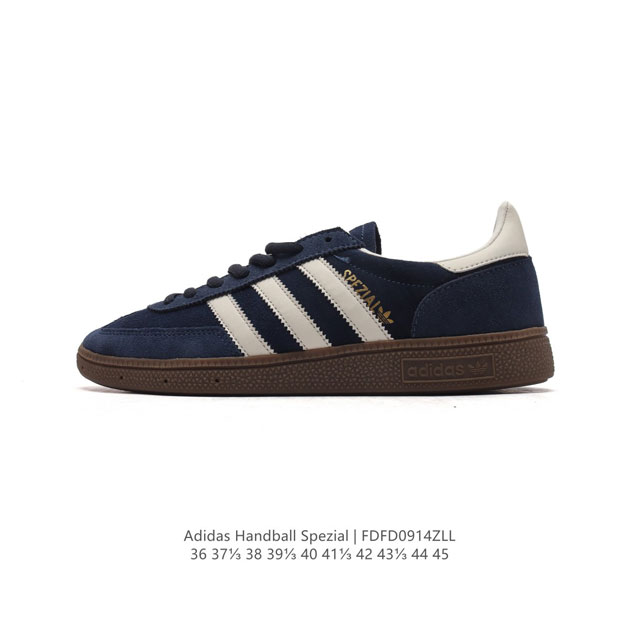 阿迪达斯 Adidas Handball Spezial 低帮三叶草学院风复古休闲板鞋 德训鞋 橡胶底柔软皮革经典运动鞋板鞋。圆头、缝合拼接设计、正面绑带、鞋舌