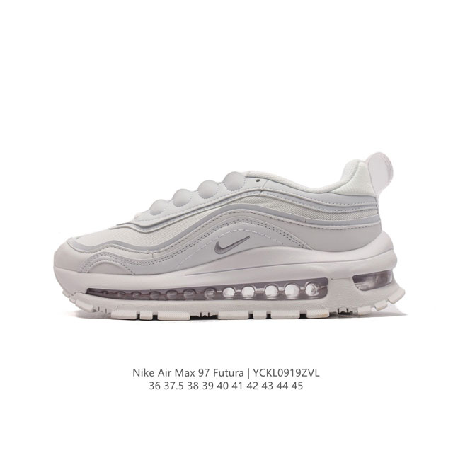 Nike 耐克 Nike Air Max 97 Futura 气垫缓震跑步鞋 厚底增高百搭运动鞋。以织物材料以及皮革材质搭配而成 鞋侧的走线部分做了一个解构的处