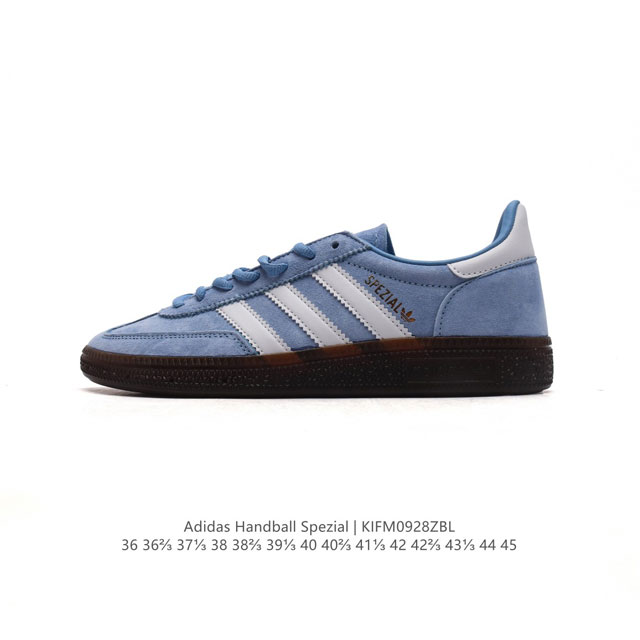 公司级 阿迪达斯 Adidas Handball Spezial 低帮三叶草学院风复古休闲板鞋 德训鞋 橡胶底柔软皮革经典运动鞋板鞋。圆头、缝合拼接设计、正面绑