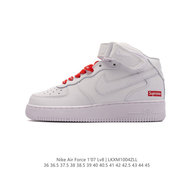 耐克supreme X Nike Air Force 1 Low 空军一号中帮 魔术贴 Af1联名supreme 纯白红标板鞋，原楦头原纸板，打造纯正空军版型。