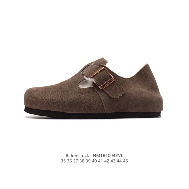 Birkenstock Boston Vl 勃肯男女鞋 加绒加毛 秋冬新款 绒面金属针扣软木底包头运动板鞋 天鹅绒般的绒面革赋子休闲的经典外观，牛皮绒面革质地柔