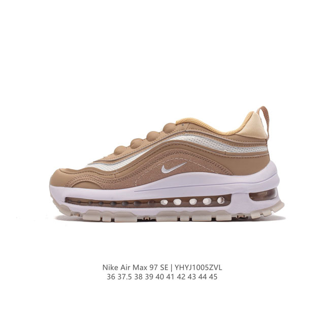 Nike 耐克 Nike Air Max 97 Se 气垫缓震跑步鞋 厚底增高百搭运动鞋。以织物材料以及皮革材质搭配而成 鞋侧的走线部分做了一个解构的处理，不同