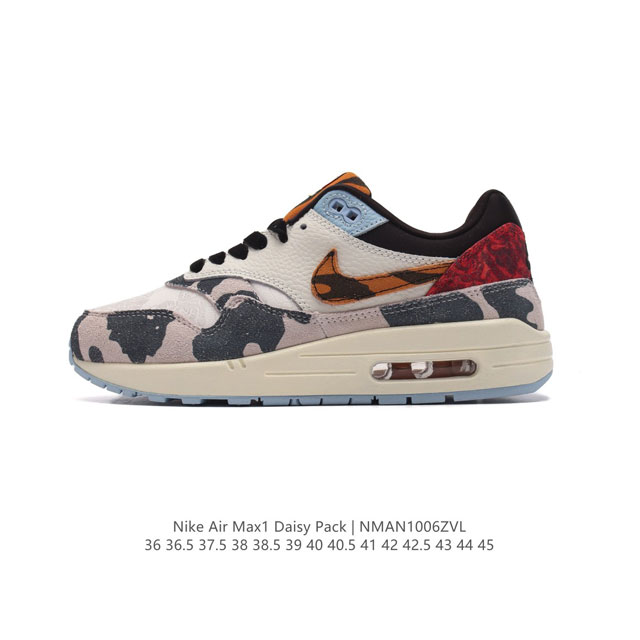 公司级耐克 Nike Air Max 1 “Daisy Pack” 气垫 厚底增高百搭运动板鞋，深浅不一的鞋面搭配斑点细节、橘色鞋舌，撞色效果明显。多材质拼接质