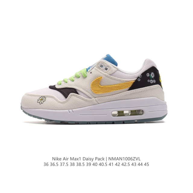 公司级耐克 Nike Air Max 1 “Daisy Pack” 小雏菊，深浅不一的灰色鞋面搭配黑色细节、蓝色鞋舌，撞色效果明显。多材质拼接质感出众，运用时下