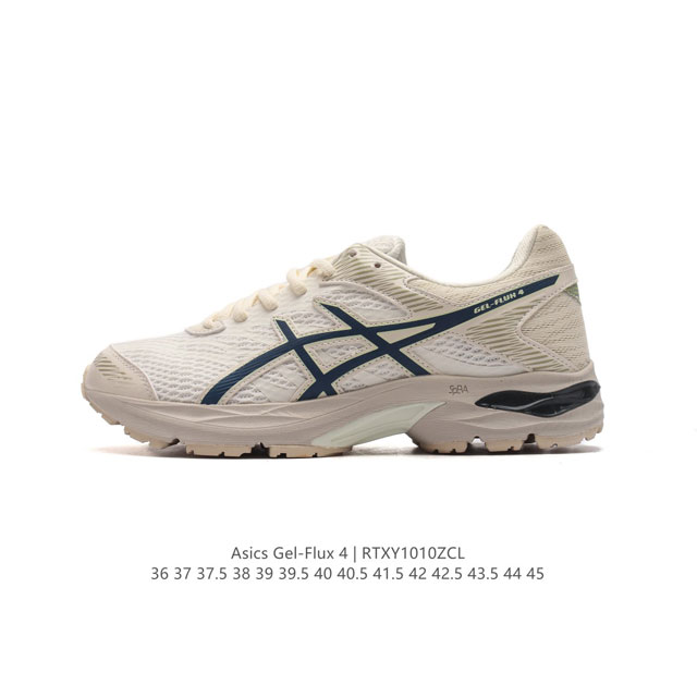 公司级 Asics 亚瑟士 Gel-Flux 4 男女子运动鞋舒适跑鞋缓震透气跑步鞋 。Gel-Flux4采用的是新一代轻质网布面，大孔洞设计极具透气性，柔软包