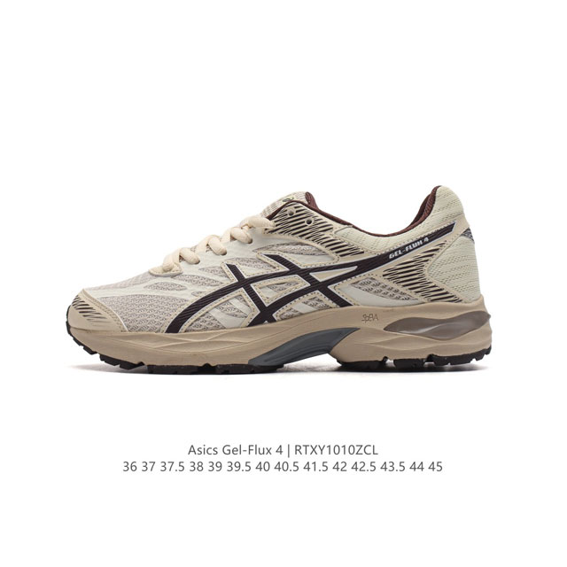 公司级 Asics 亚瑟士 Gel-Flux 4 男女子运动鞋舒适跑鞋缓震透气跑步鞋 。Gel-Flux4采用的是新一代轻质网布面，大孔洞设计极具透气性，柔软包